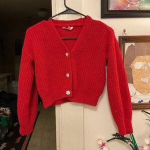 No Boundaries Bright Red Cropped Knit Cardigan with Flower Buttons
